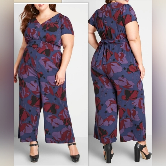NWOT Modcloth Aiming High Floral Jumpsuit Wide Leg w Pockets & Waist Tie Plus 1X - Picture 1 of 8